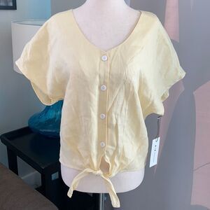 Three Dots linen v-neck button up tie waist yellow blouse size small